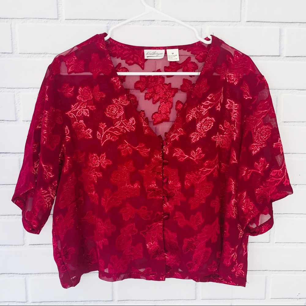 Kathryn Button Up Red Floral Reflective Blouse
